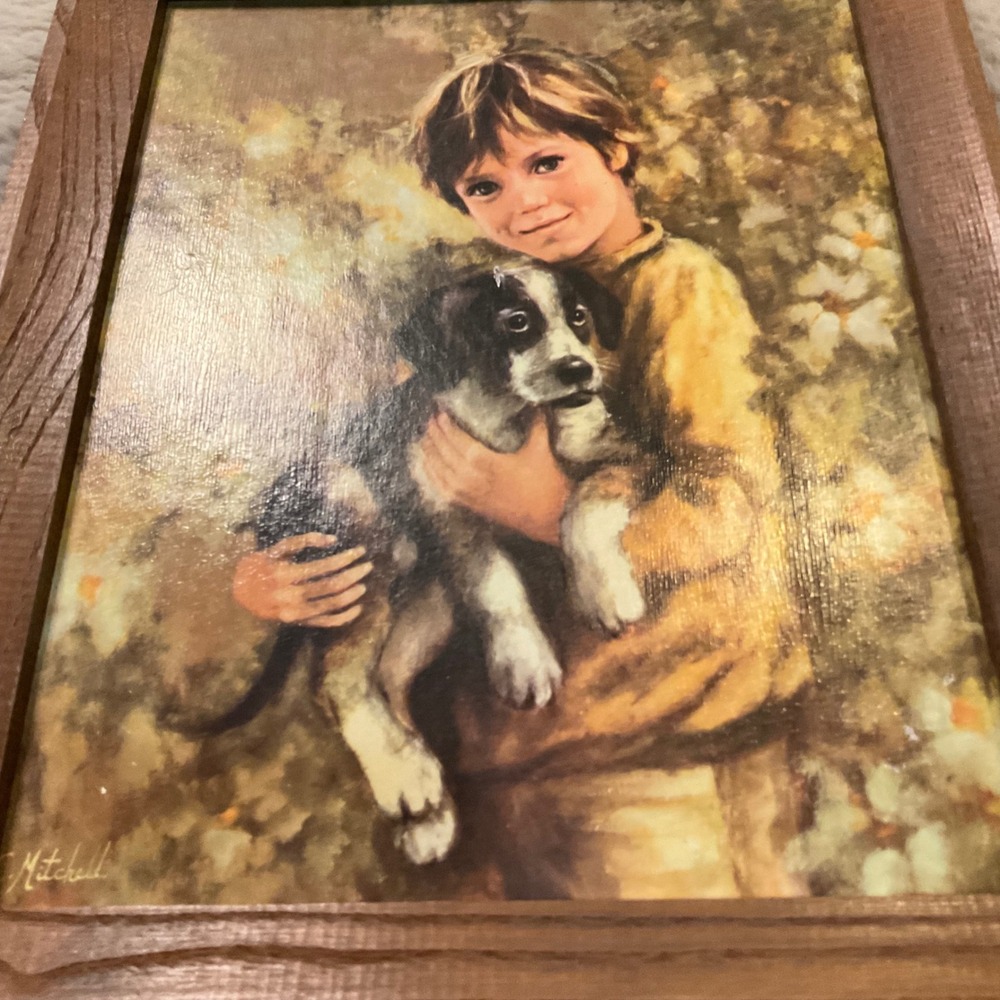 Vintage Boy And Dog Framed Comrades by C. Mitchell Mid Century Artwork Wood Frme - Picture 2 of 12